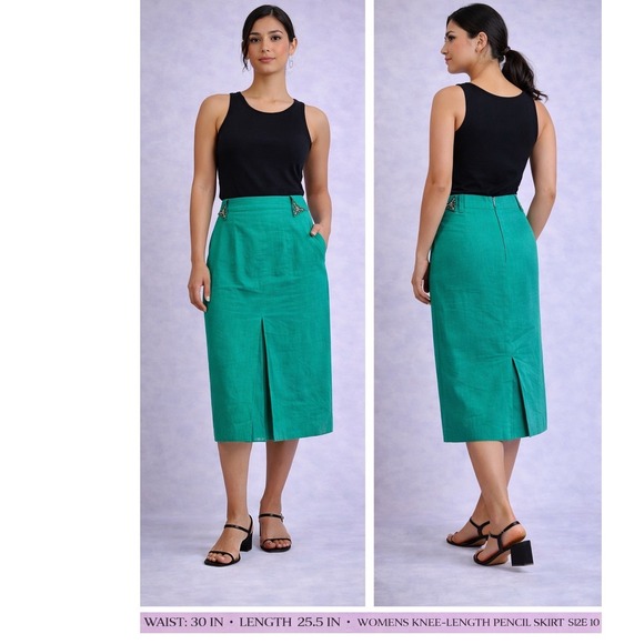 Joseph Ho Dresses & Skirts - Joseph Ho Green Ramie Cotton Pencil Skirt Embellished Waist Size 6‎ Vintage